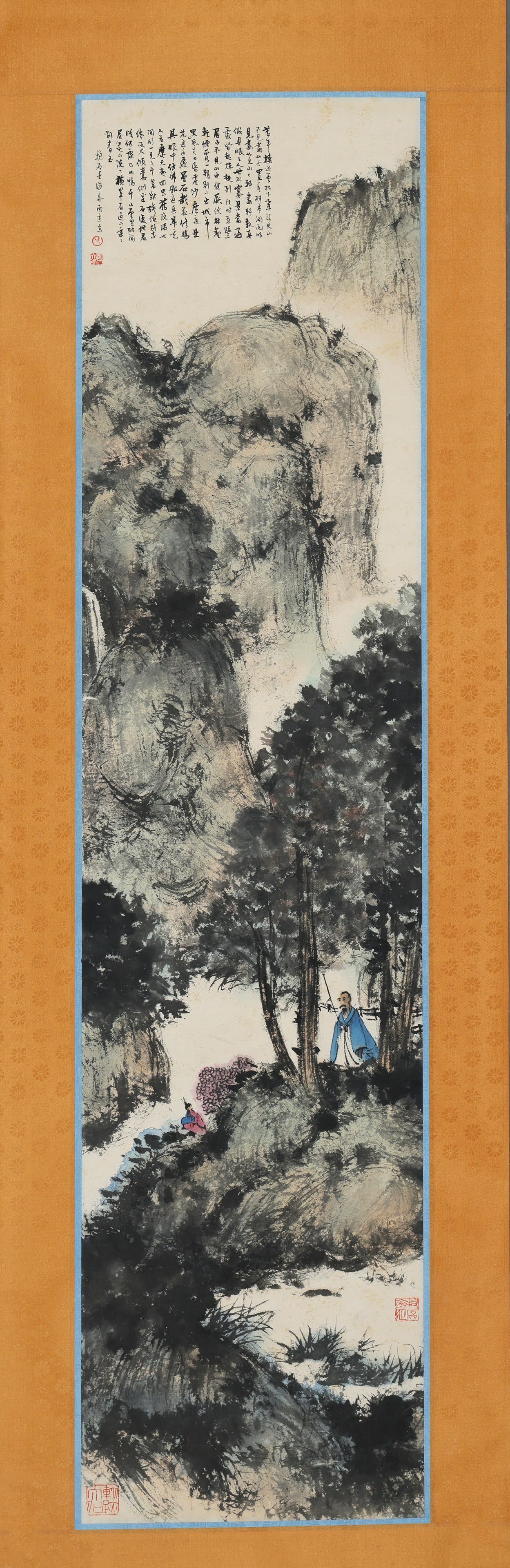 FU BAOSHI, *LISTENING TO THE WATERFALL IN THE DEEP MOUNTAINS: Painting size 135x33CM