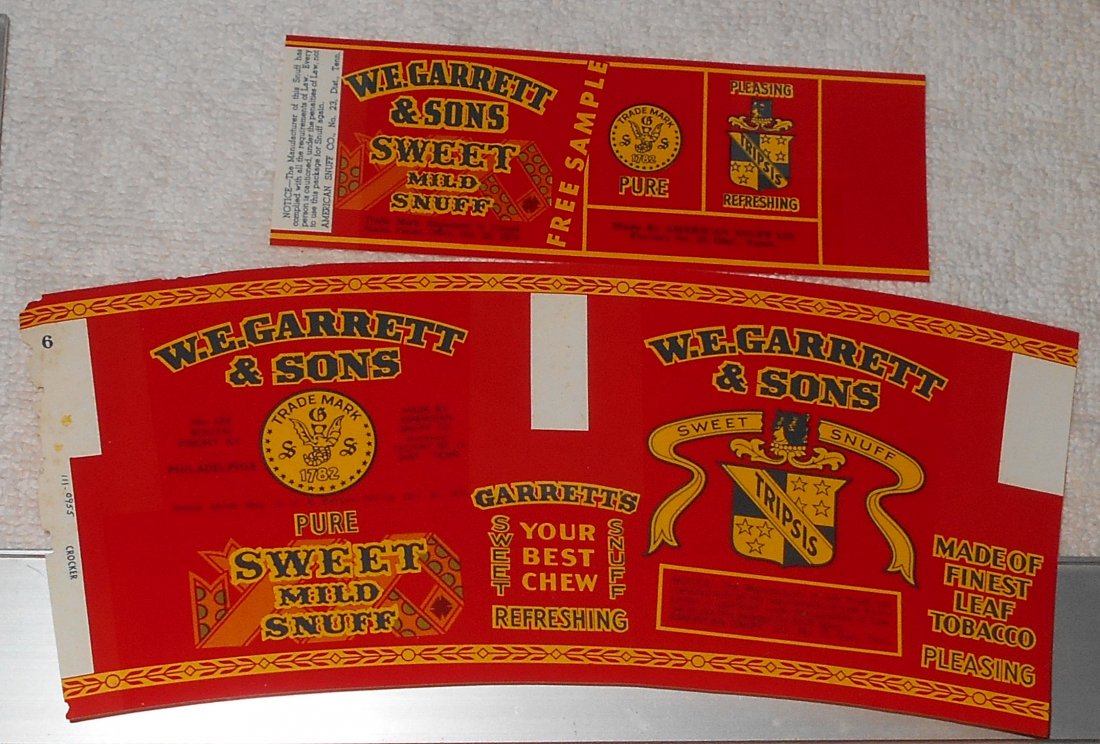 W.E. Garrett & Sons Snuff: Snuff label, see photos, great fro framing, shipping or pick up in Sumrall.