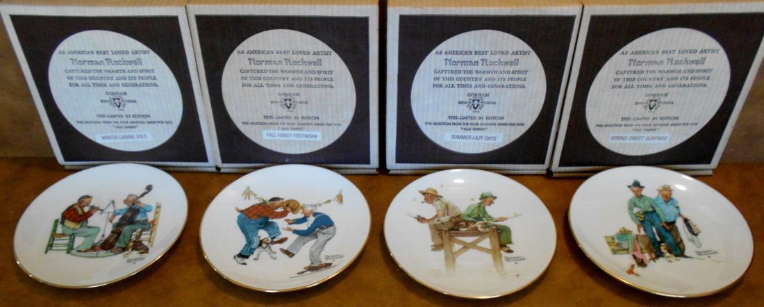 Norman Rockwell Four Seasons: Limited edition, 1981, four plates, Gorham china, see photos.
