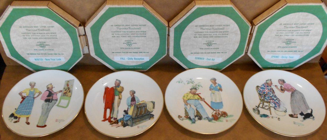 Norman Rockwell Four Seasons: Limited edition, 1978, four plates, Gorham china, see photos.