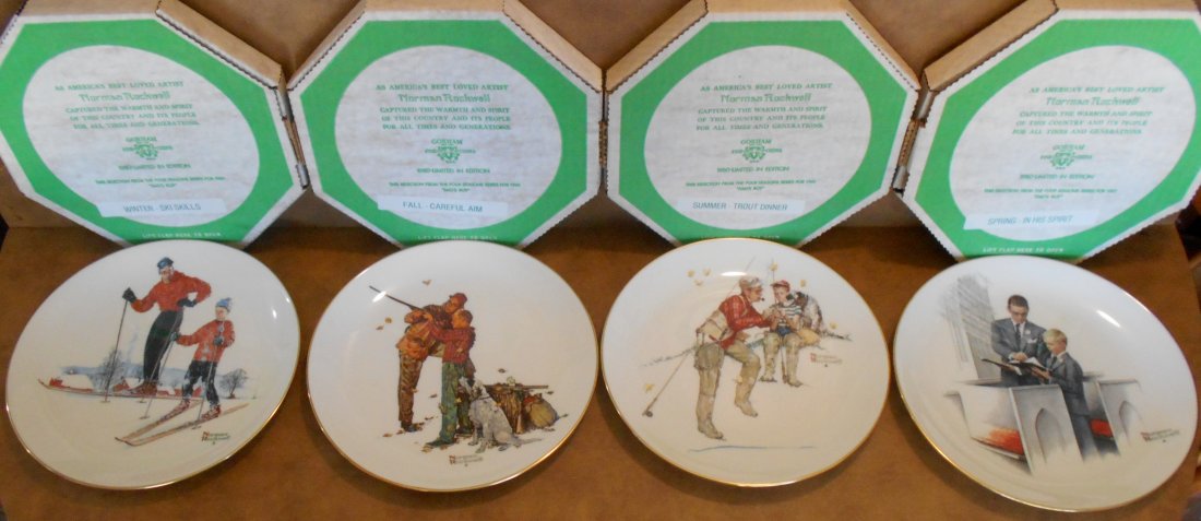 Norman Rockwell Four Seasons: Limited edition, 1980, four plates, Gorham china, see photos.