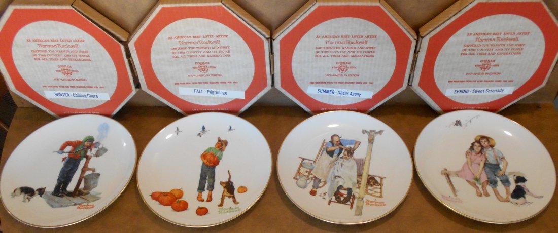 Norman Rockwell Four Seasons: Limited edition, 1977, four plates, Gorham china, see photos.