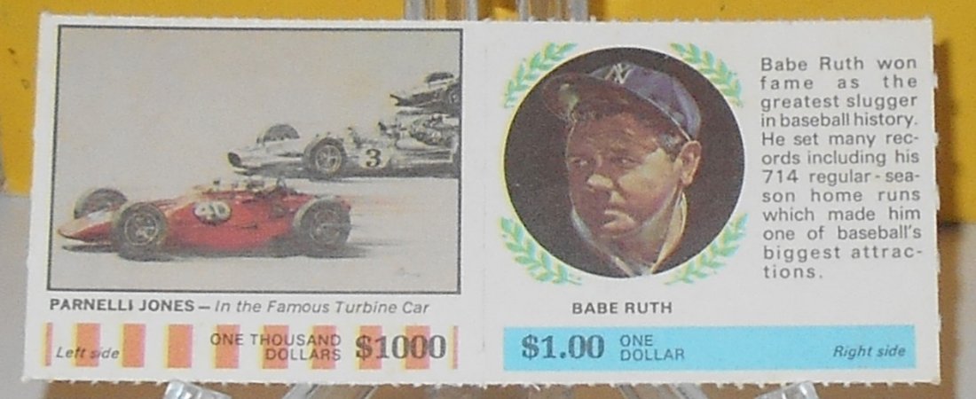 1968 American Oil Sweepstakes: Parnelli Jones-Babe Ruth, panel, see photos.