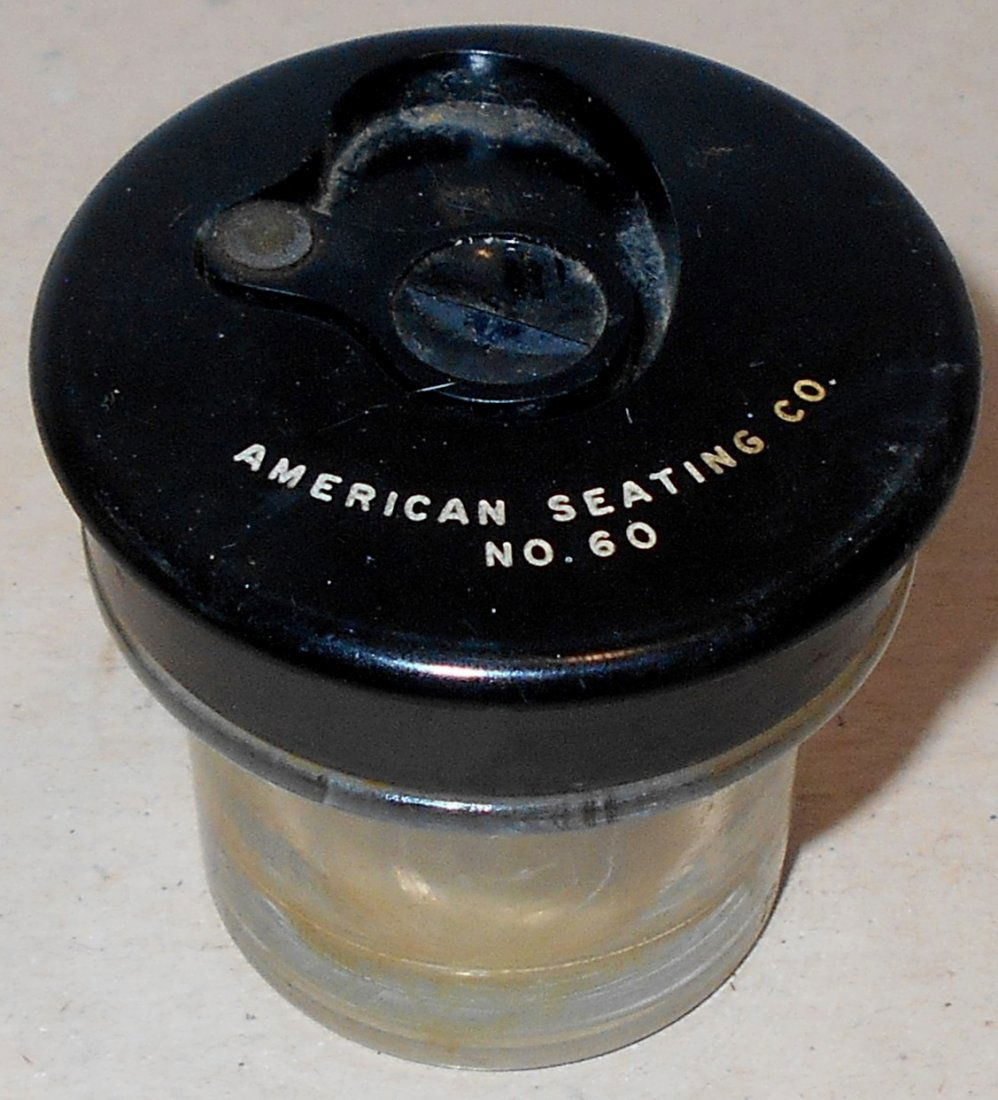 Ink Well: American Seating No. 60, this is the ink well that fits the old desk that have a hole for them, see photos.