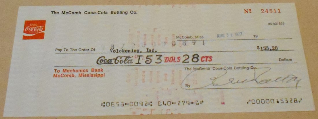 Coca-Cola Check: McComb Coca-Cola Bottling check, 1977, see photos.