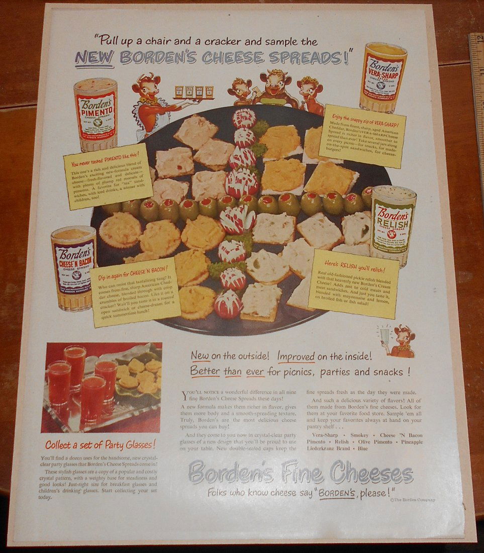 Borden's Cheese Spreads: Ad cut from Post, Life, or Look, great for framing, see photo.