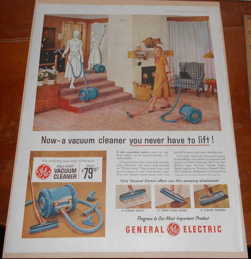 GE Vacuum Cleaner: Ad cut from Post, Life, or look, great for framing, see photo.