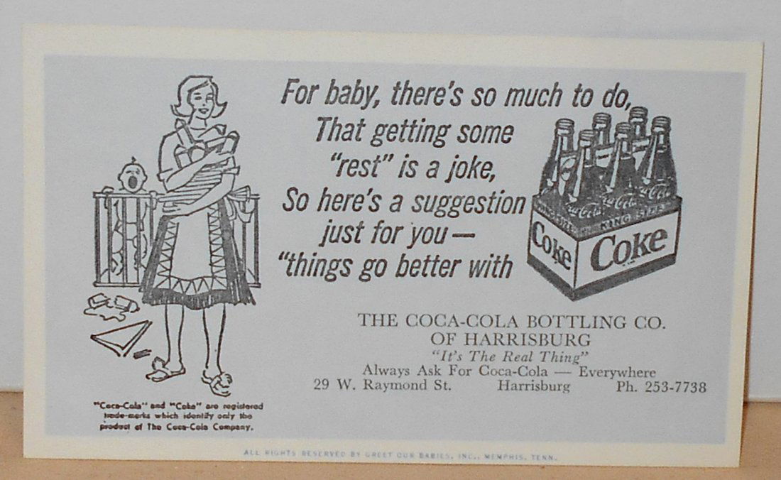 Coca-Cola Post Card: For baby, from Harrisburg, Pa. coke company, see photos.