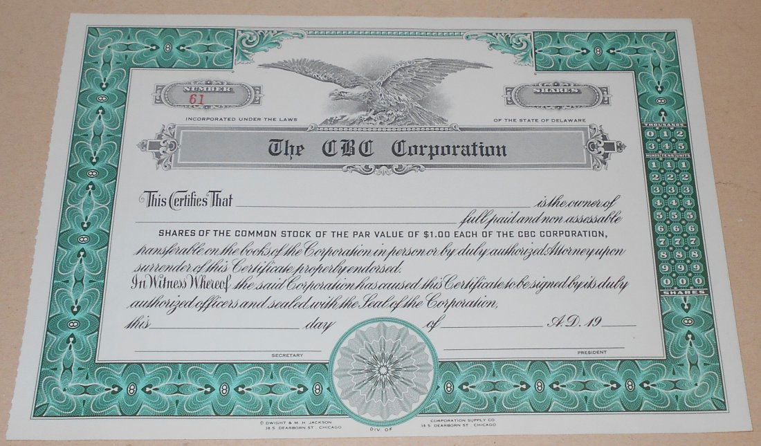 Un-issued Stock: The CBC Corporation, 1900's, not issued, see photos.
