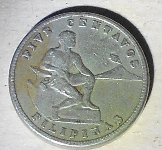 Five Centavoe: 1938, Pilipinas, United States of America, see photos.