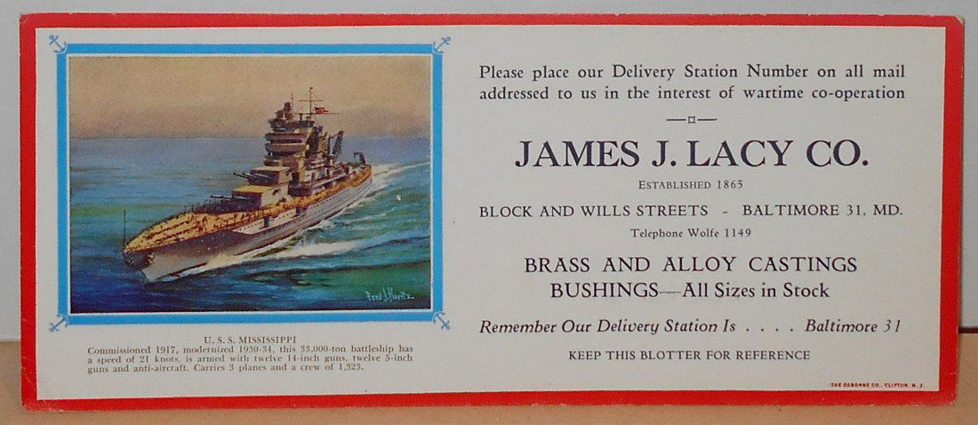 USS Mississippi: James J. Lacy Co. ink blotter, WWII era, see photos.
