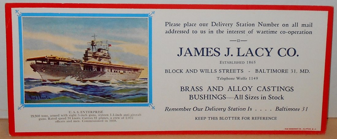 USS Enterprise: James J. Lacy Co. ink blotter, WWII era, see photos.