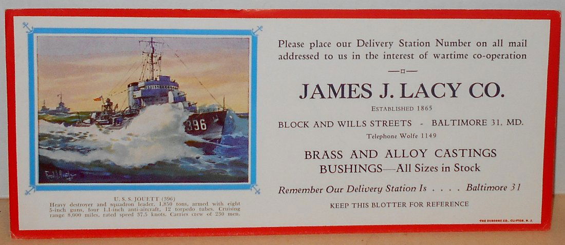 USS Jouett: James J. Lacy Co. ink blotter, WWII era, see photos.