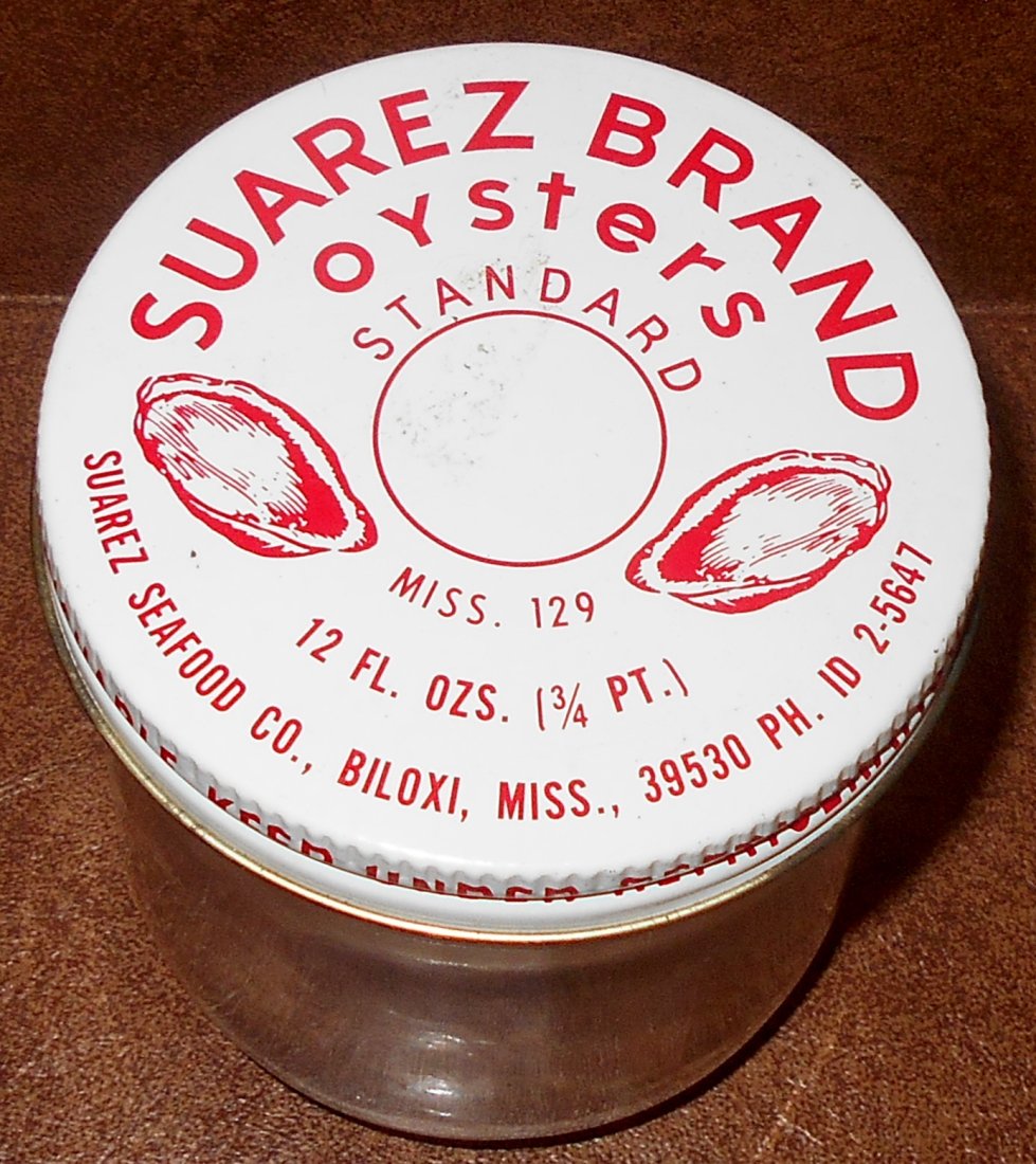 Suarez Brand Oysters: Biloxi, Miss, lid only, see photos.
