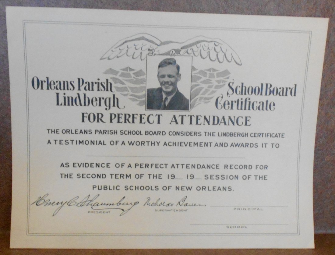 Lindberg Certificate: Orleans Parish school Board, 1900's certificate, not filled in, see photos.