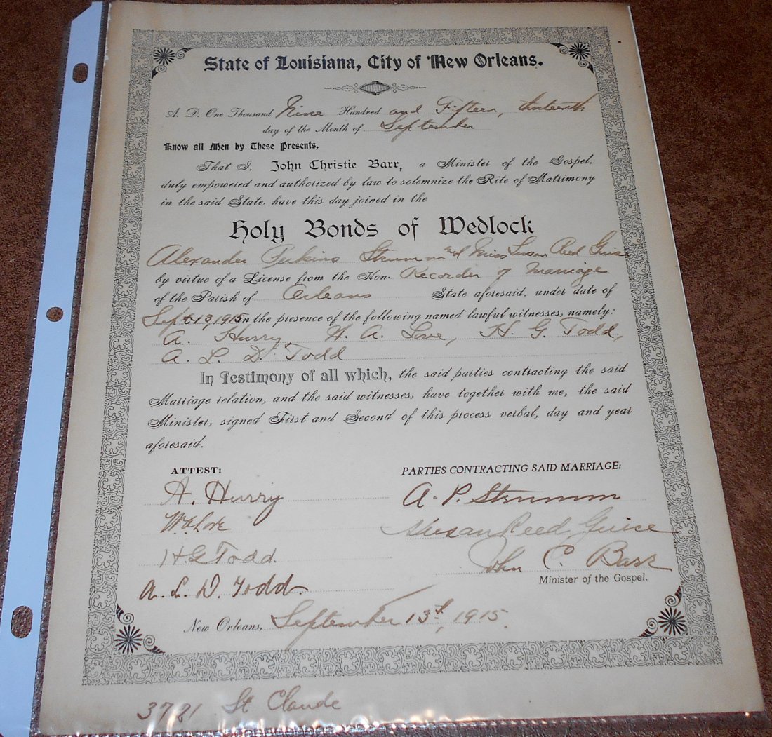 1915 Marriage License: New Orleans, La., see photos.