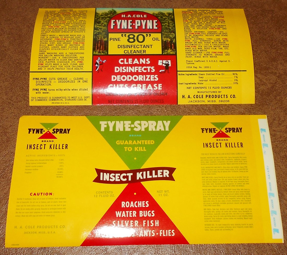 Label Lot: Fyne-Pyne and Fyne-Spray, H. A. Cole Products Co., Jackson, Miss., see photos