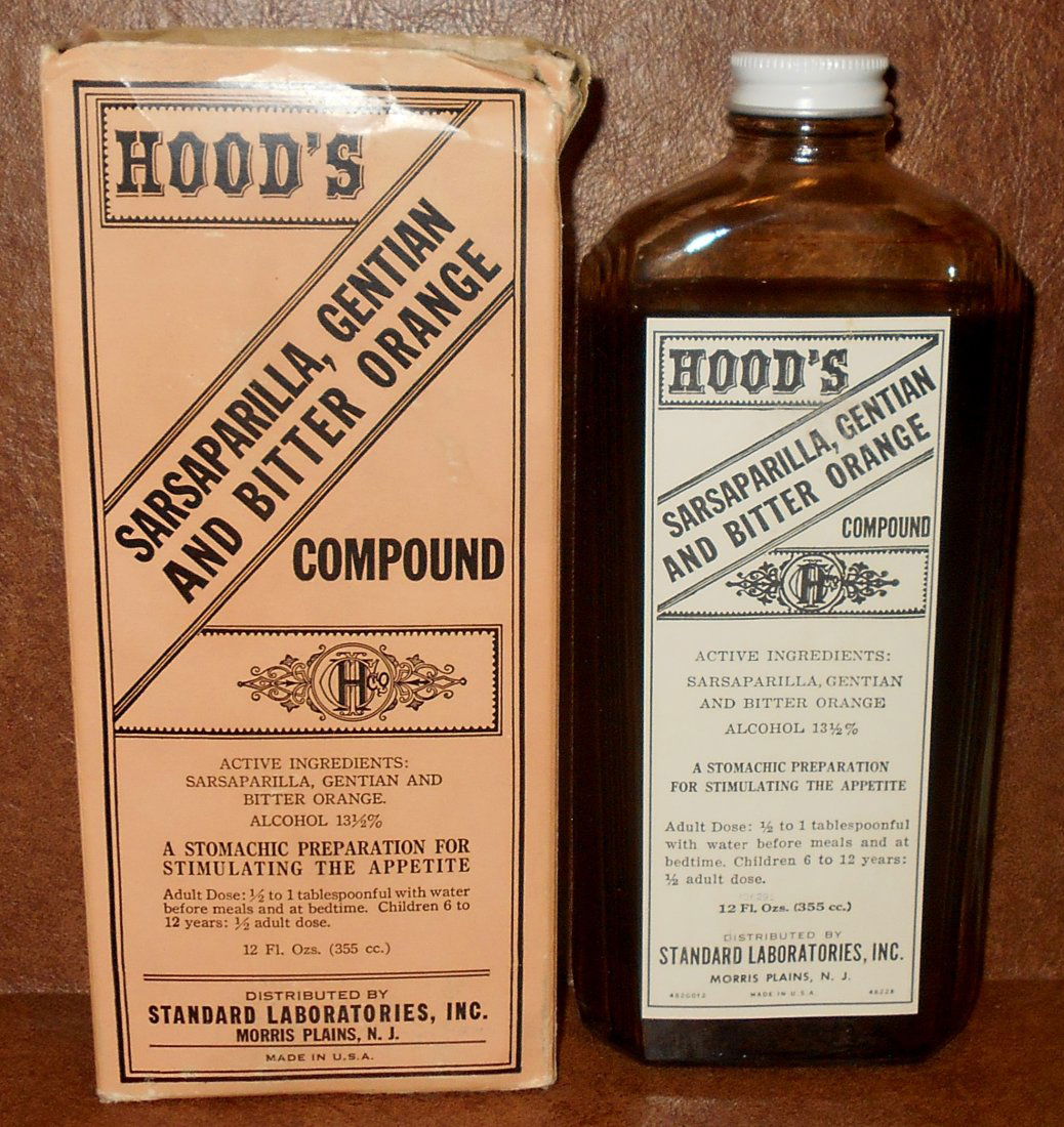 Hood's Sarsaparilla: Bottle with label, box, no top, and contents, see photos.