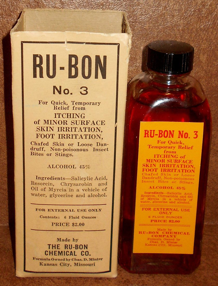 Ru-Bon 3: Bottle with label, box, no top, and contents, see photos.