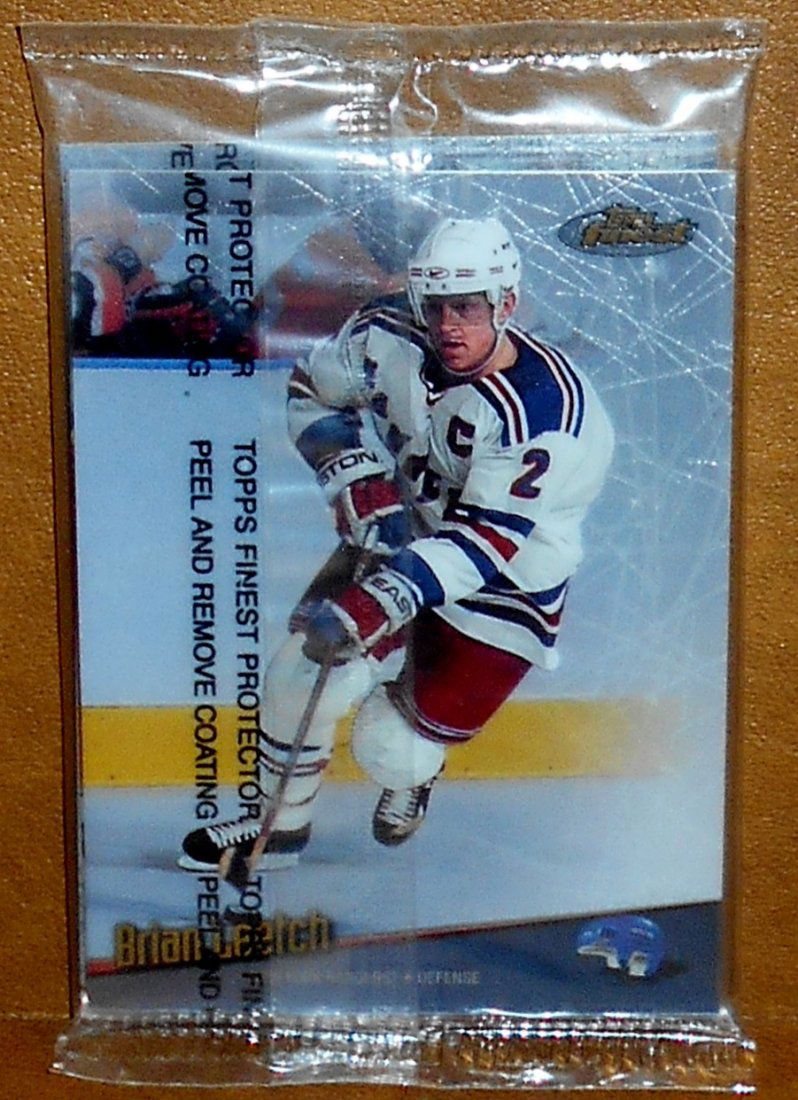 1998 Topps Finest Pre-production Hockey Pack: Brian Leetch front, Scott Stevens back, see photos.