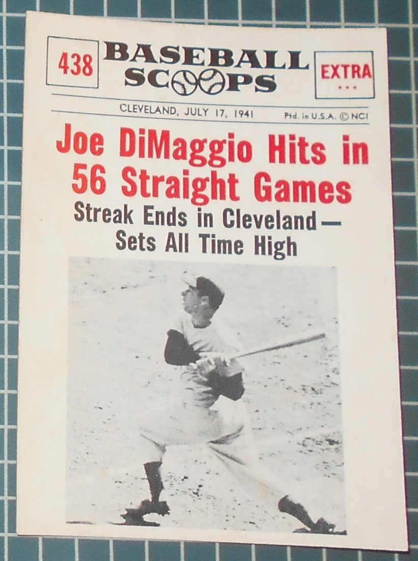 1961 Nu-Cards Baseball Scoops: Joe Dimaggio Hits in 56 straight Games, #438, see photos.
