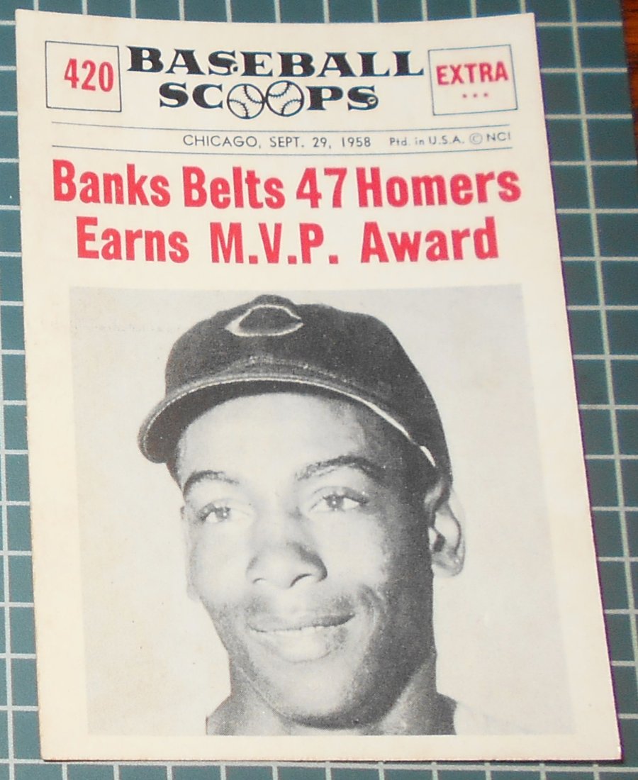 1961 Nu-Cards Baseball Scoops: Banks Belts 47 Homers Earns MVP Award, #420, see photos.