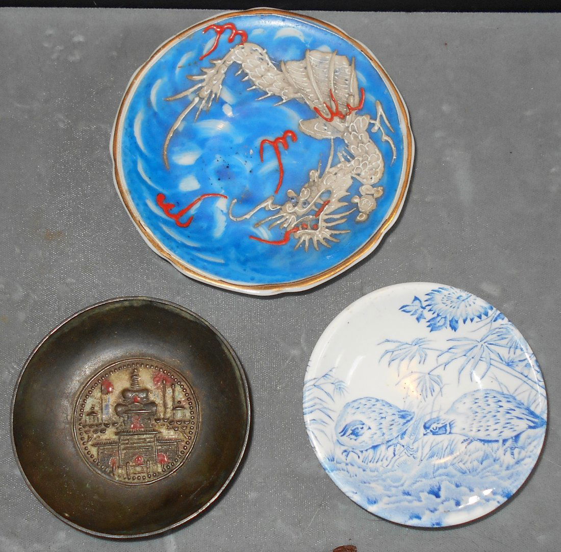 Small Dinnerware Lot: Occupied Japan dragonware, Copper Vnins, and Furnivals Quail, see photos.