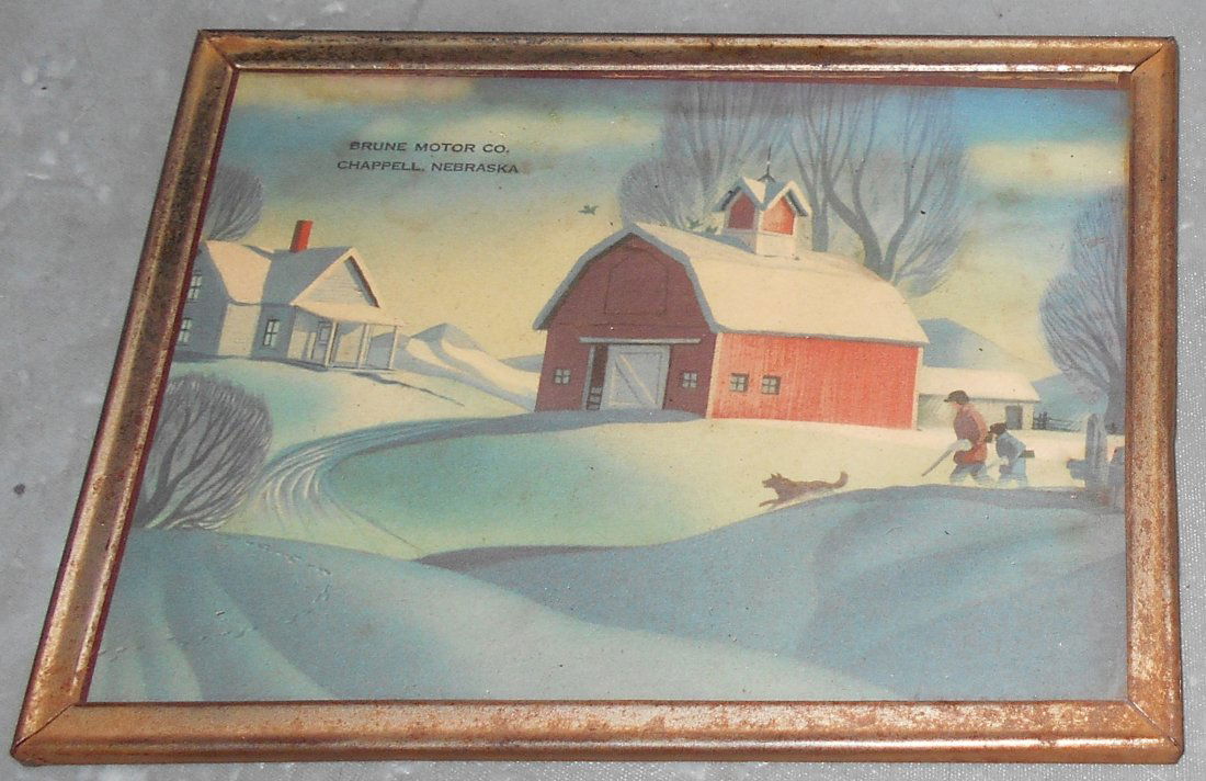 Framed Motor Co.: Brune Motor Co, Chappell, Nebraska framed print, small with rust on frame, see photos.