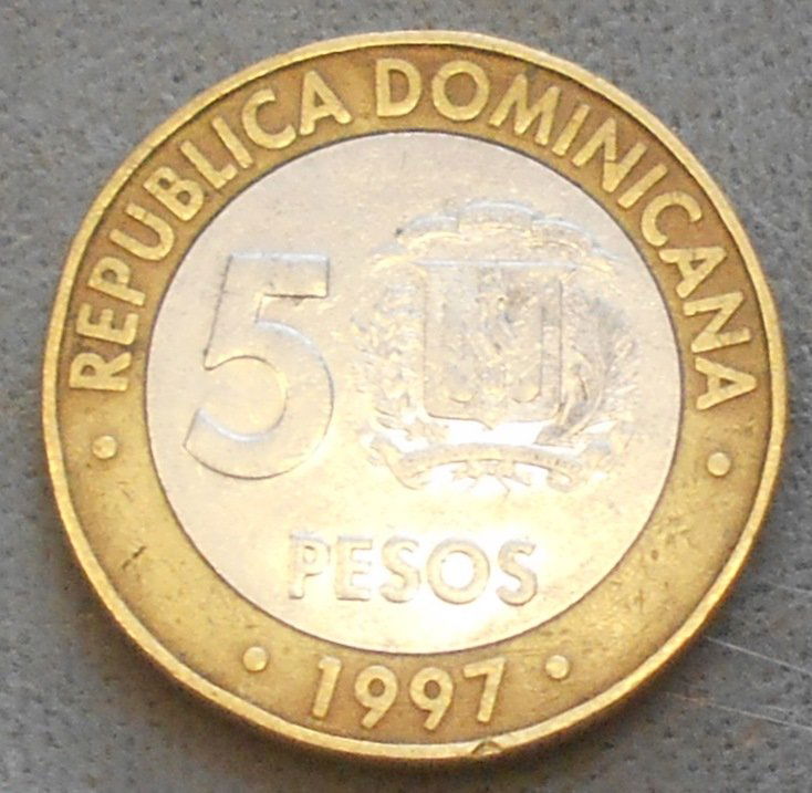 1997 5 Pesos: Republica Dominicana, see photos.
