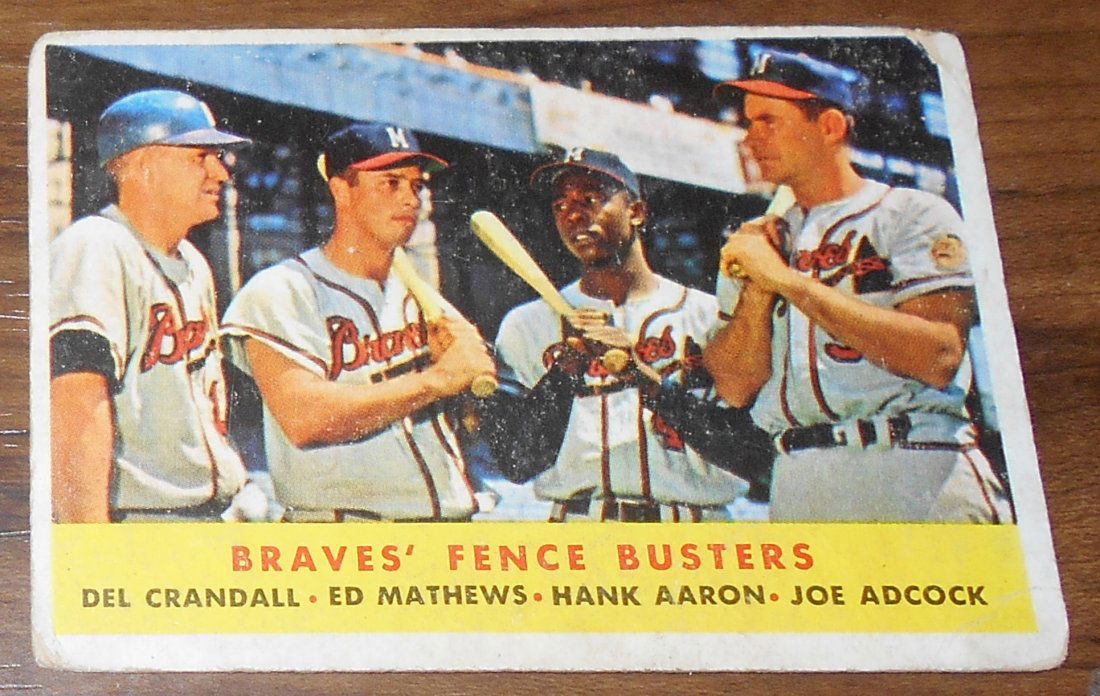 1958 Topps Baseball: Braves' Fence Busters, #351, Del Crandall, Ed Mathews, Hank Aaron, Joe Adcock, crease on corners, see photos.
