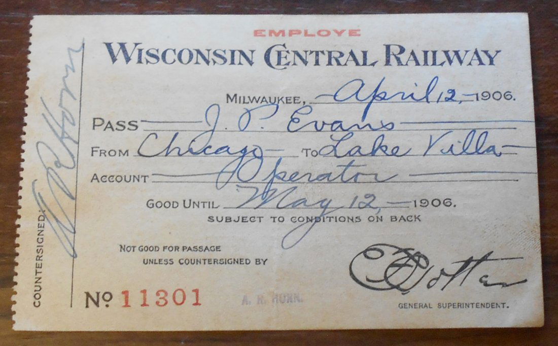 Wisconsin Central Railway: 1906 employee pass, see photos.