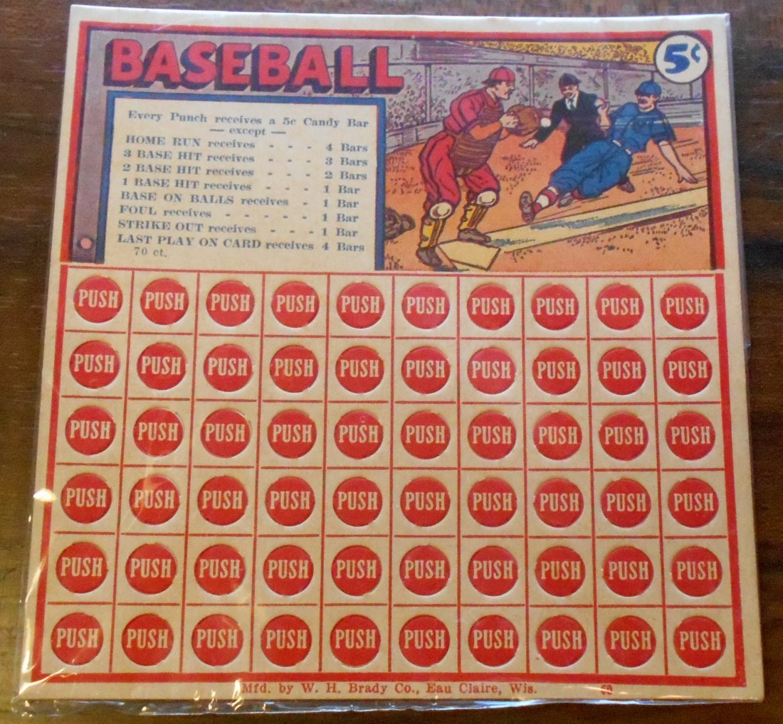 5 Cent Punch Board: 5 cent candy bar baseball punch board, great graphics and would look great framed, see photos.