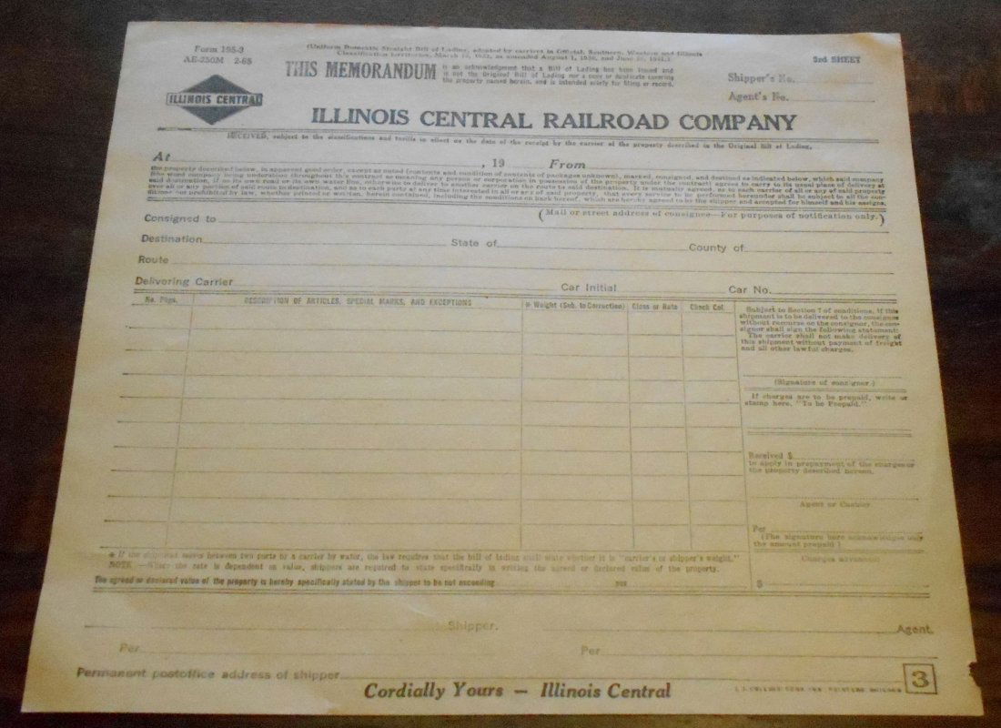 Railroad Form: Illinois Central Railroad Co. form, see photos.