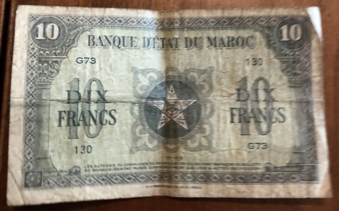 Banque Detat DU Maroc: WWII era bill, 1943, printed in USA, see photos.