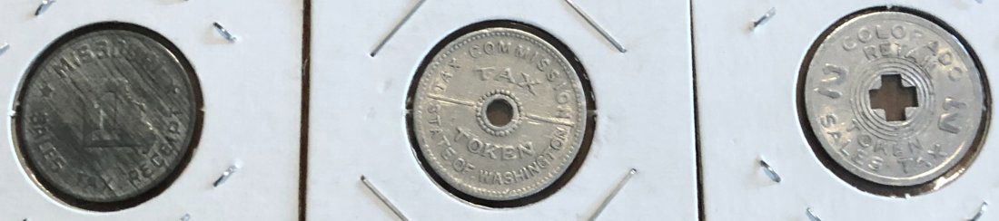 Sales Tax Token Lot: Missouri, Washington, and Colorado sales tax tokens, see photos.