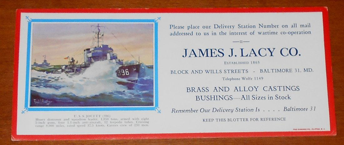 James Lacy Co. Blotter: USS Jouett, WWII era blotter, see photos.