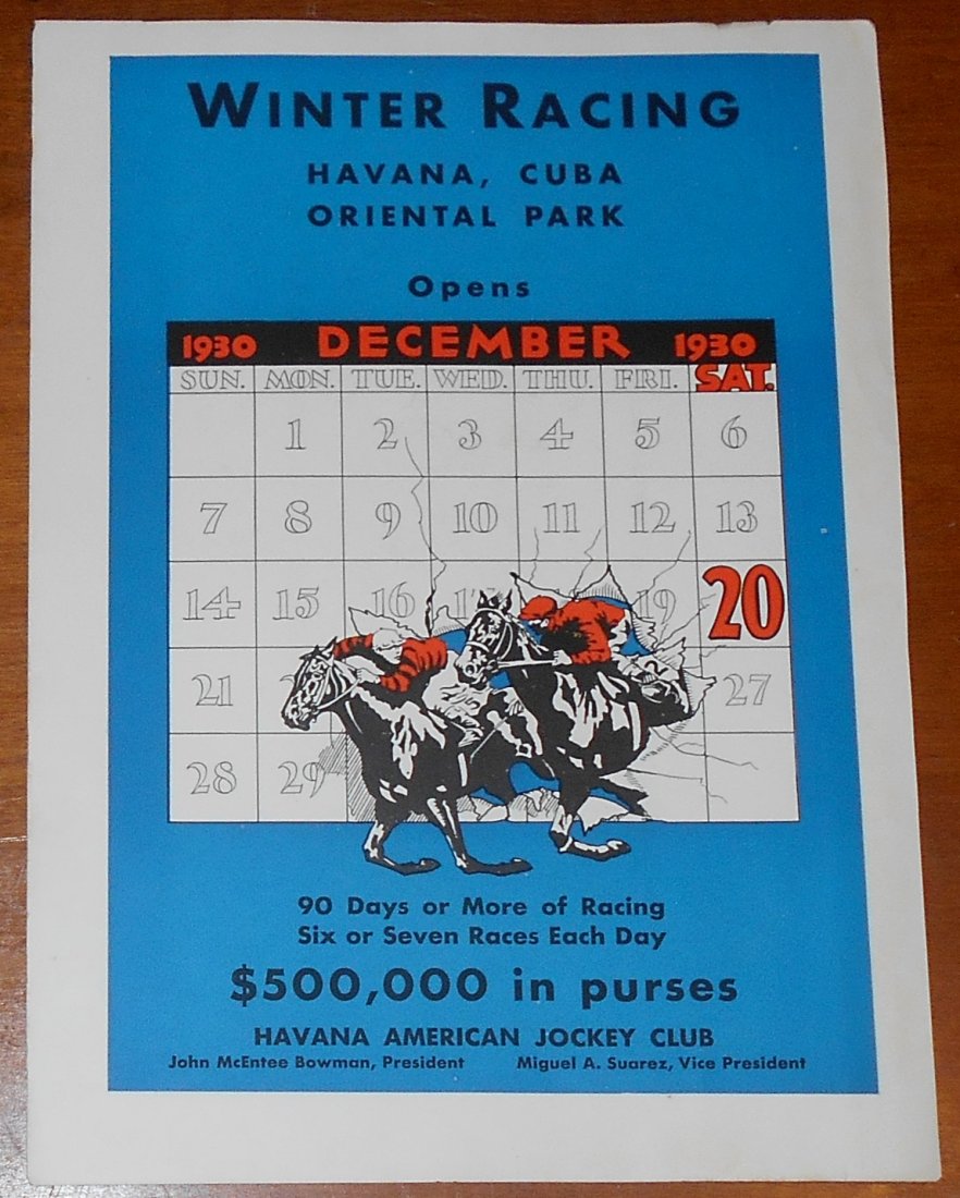Winter Racing: Page cut from magazine, 1930, Havana, Cuba, great for framing, see photos.