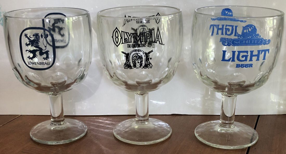 Beer Glasses: Lowenbrau, Olympia, and Schiltz Light, beer glasses see photos.