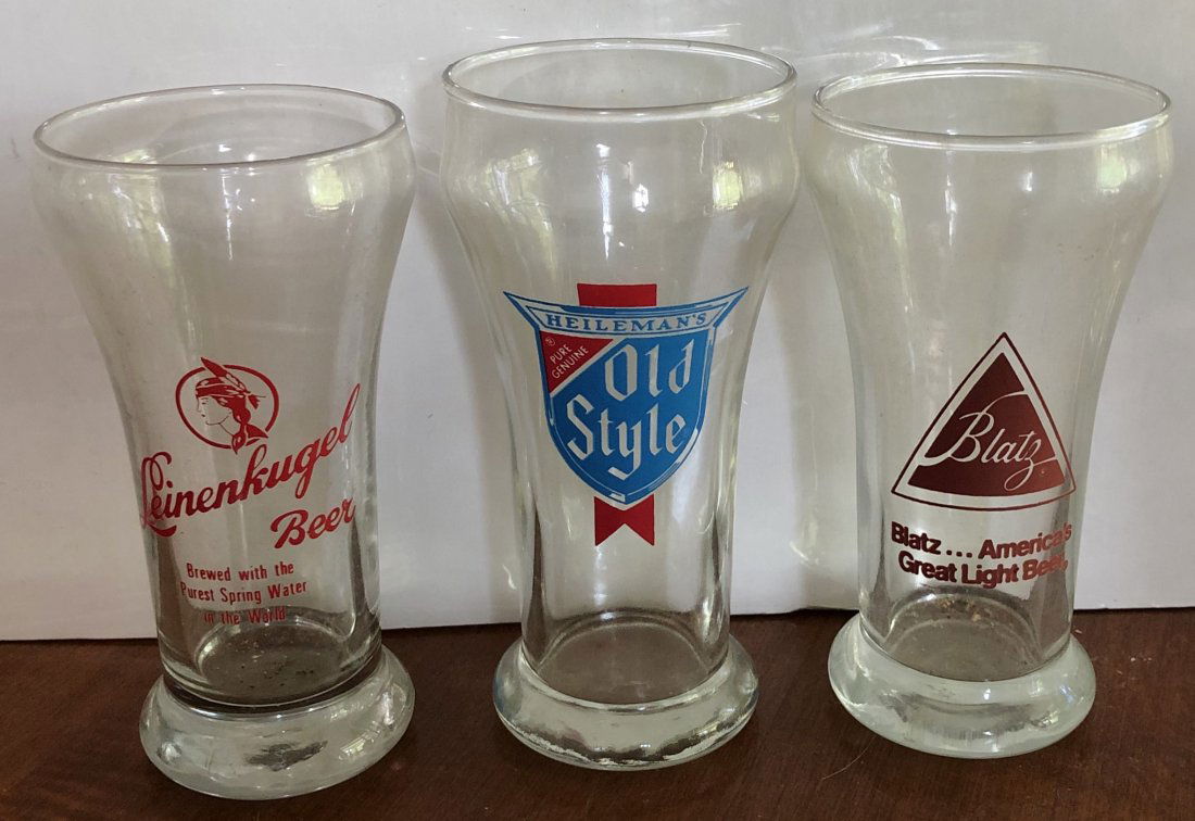 Beer Glasses: Leinehugel, Heileman Old Style, and Blatz beer glasses, see photos.