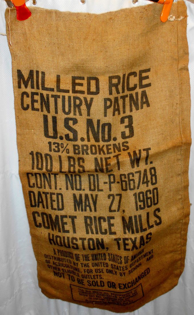 Burlap Bag: Comet Rice Mills, Houston, Texas, May 27, 1960, see photos.