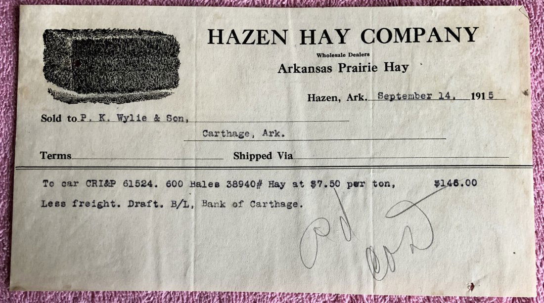 Invoice: 1915, Hazen Hay Co., Hazen, Ark., great for framing, see photos.