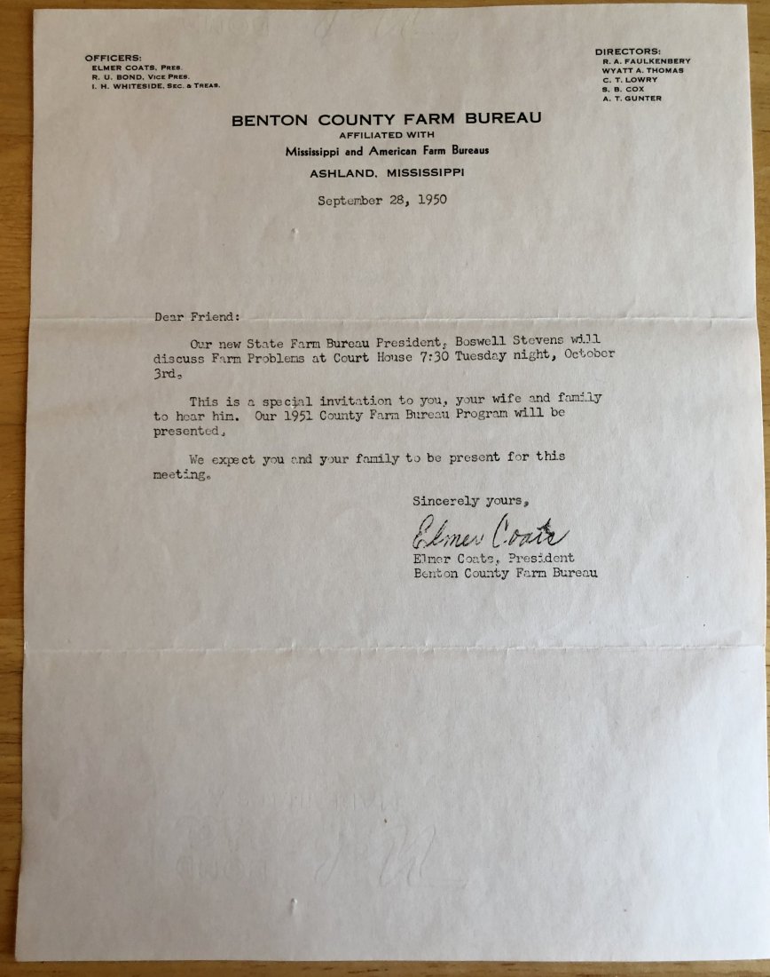 Farm Bureau Letter: 1950 Benton County, Ashland, Mississippi, see photos