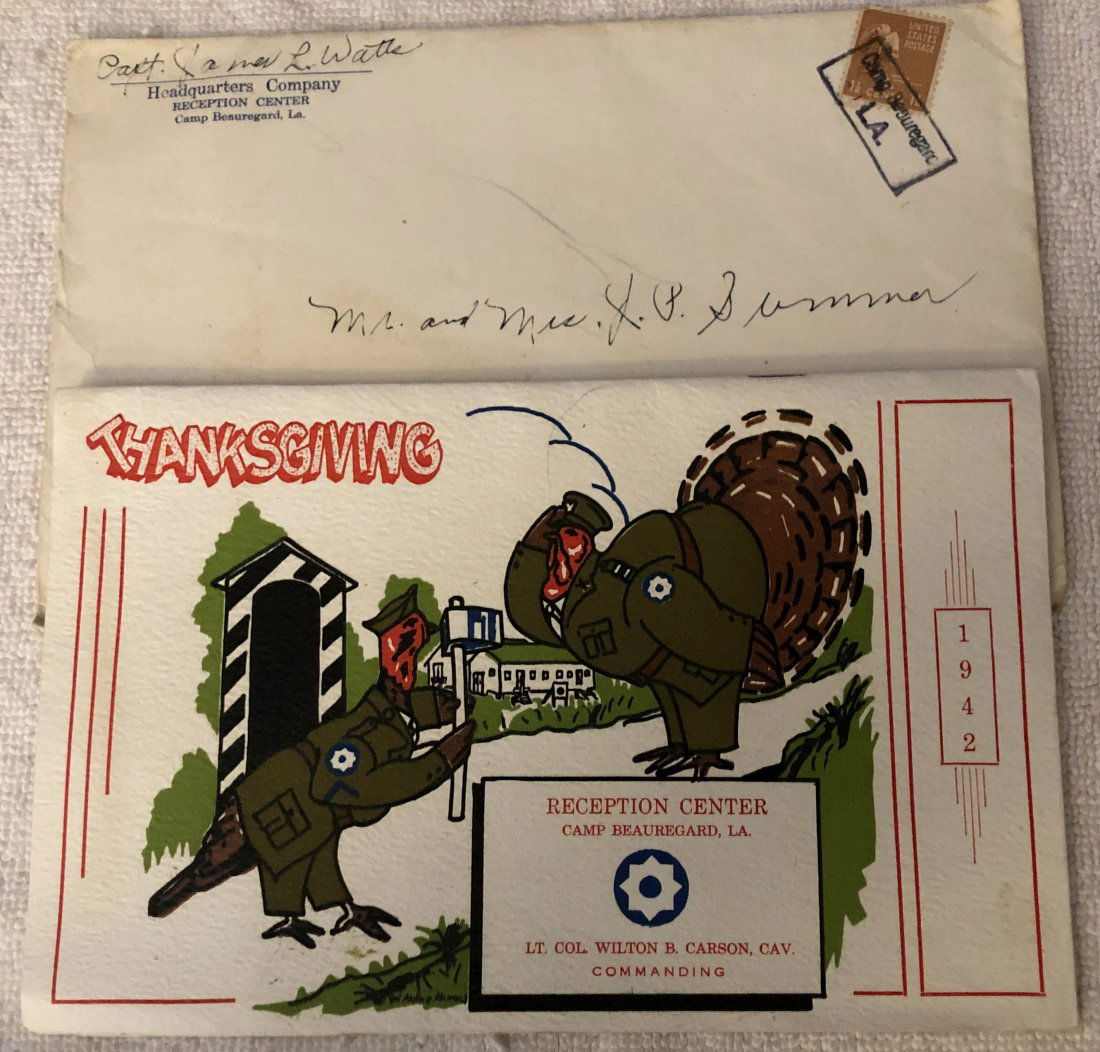 Camp Beauregard, LA.: Thanksgiving Day Program, 1942, Camp Beauregard, LA., with envelope, see photos.