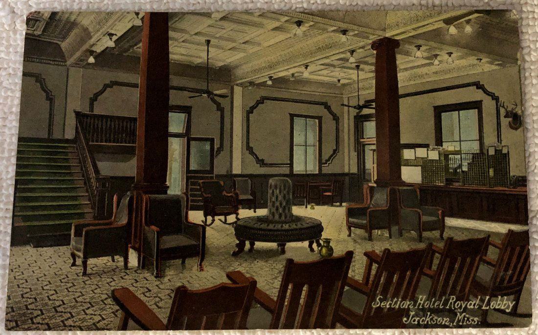 Post card Jackson, Miss.: Section Hotel Royal Lobby, Jackson, Miss., see photos.