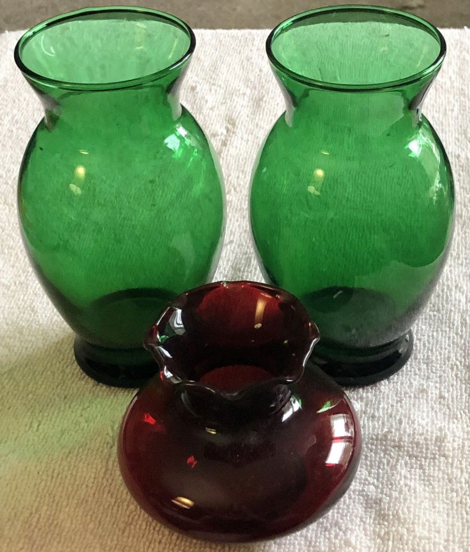 Vase Lot: Two Forest green and one ruby red vases, see photos.