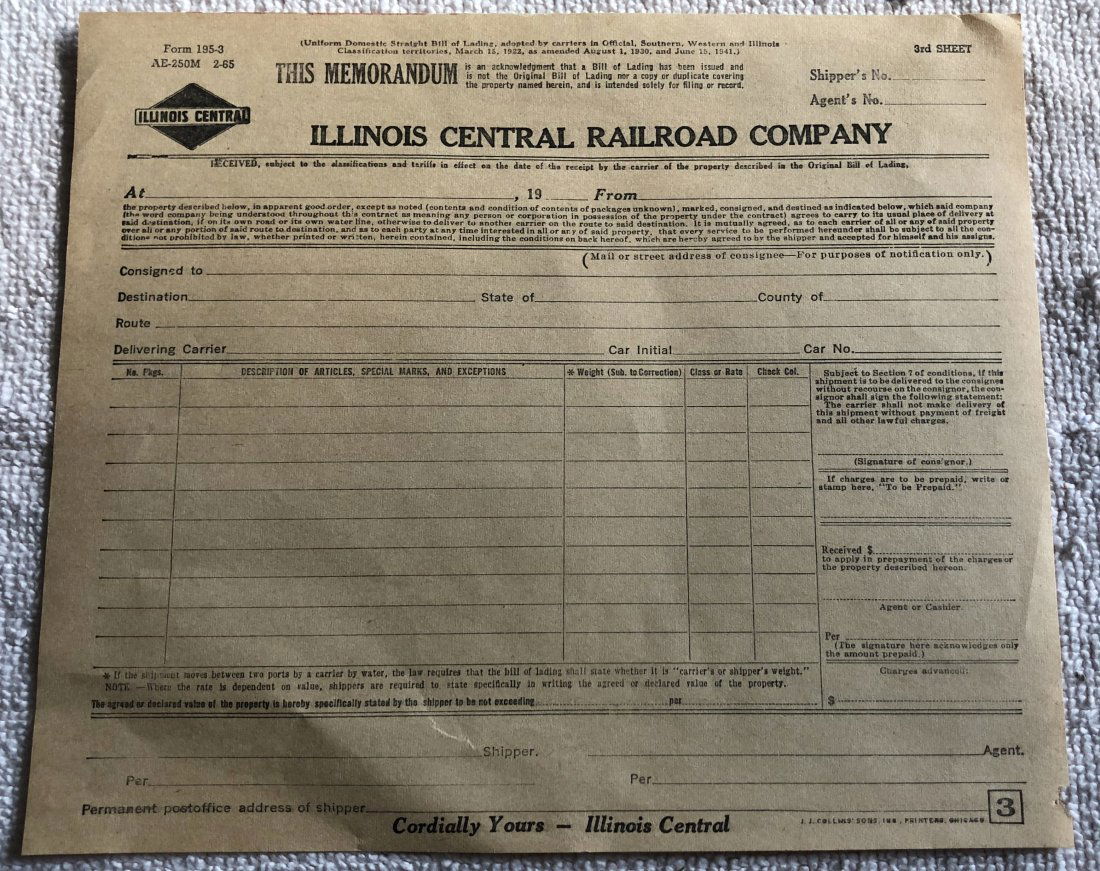 Railroad Form: ICRR blank form, see photos.