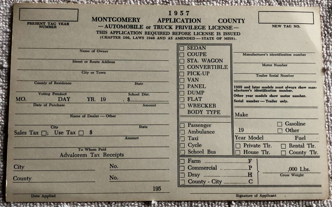 Privilege License: 1957 auto & truck, Montgomery County Miss., see photos.