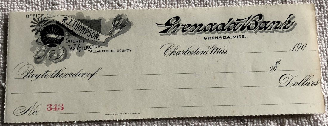 Grenada, Miss. Check: R. J. Thompson, Charleston, Miss. check, see photos.