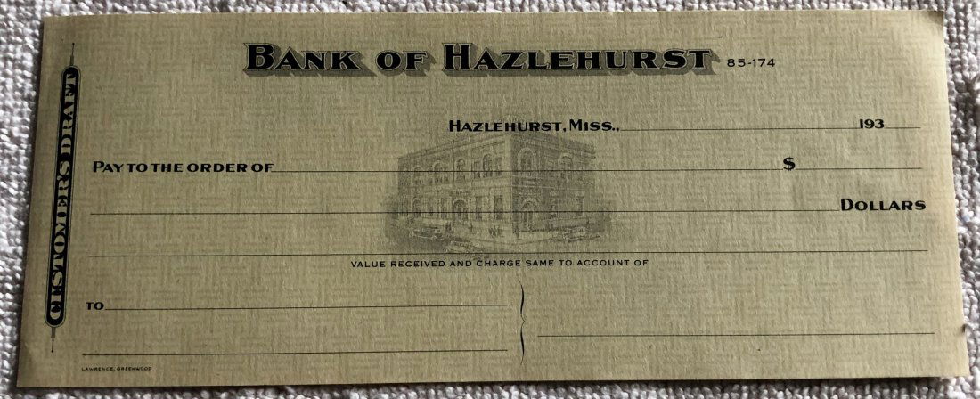 Hazlehurst, Miss. Check: Bank of Hazlehurst check, see photos.