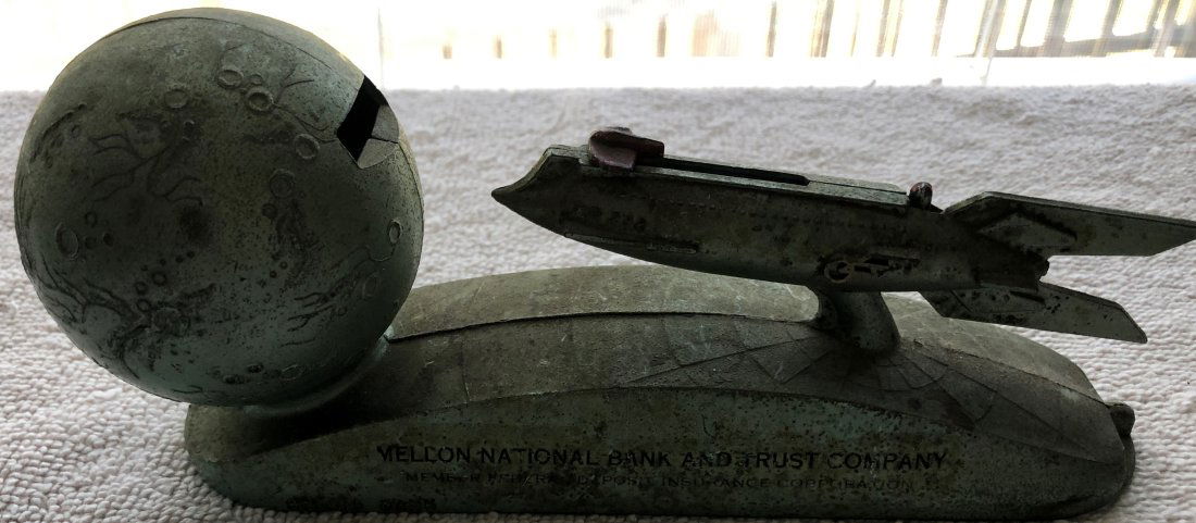 Mechanical Bank: Space ship and Moon, Mellon National Bank and Trust Co., works, no key, see photos.